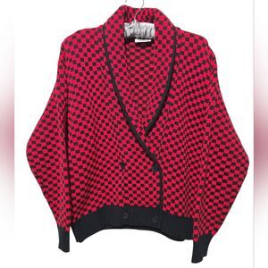 Vintage Checkered Red and Black Women's Double Breasted Sweater Cardigan Medium